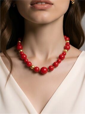Monet Red Beaded Necklace with Gold Accent Beads